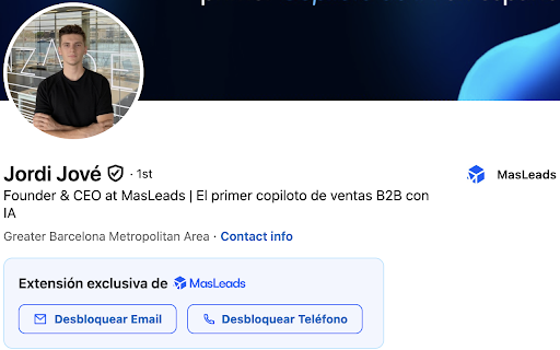 MasLeads Discovery :: Consigue emails y teléfonos verificados de cualquier perfil de LinkedIn, sin necesidad de salir de LinkedIn.
Prospecta de forma más…