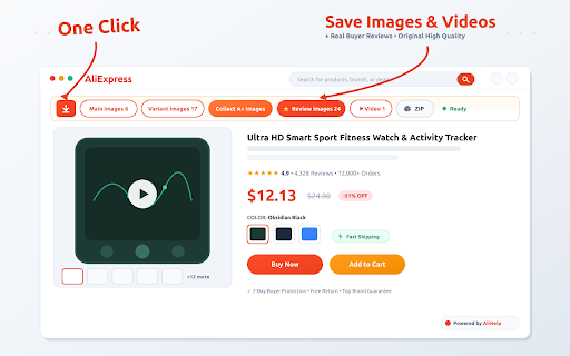 AliHelp – AliExpress & Alibaba Image & Video Downloader :: Download AliExpress & Alibaba product images, videos and review photos, and create order invoices in one click. Free.