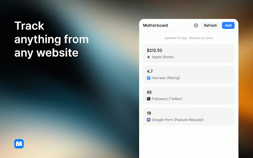 Motherboard: One Dashboard. Track Everything. :: Motherboard brings all your key metrics into one dashboard. Works with any website. Saves you hours every week. Needs zero coding.