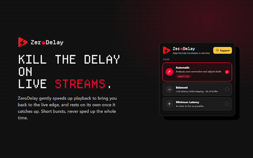 ZeroDelay :: This extension syncs YouTube live streams in real-time by accelerating viewer-delayed streams caused by data reception delays.