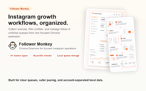 Follower Monkey Auto Follow Unfollow Queues for Instagram™ :: Run Instagram™ auto follow and unfollow workflows using local queues, profile filters, timing settings, and account controls.