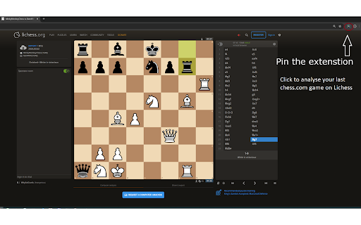 Chess.com -> Lichess One-Click Import :: Import your latest Chess.com game into Lichess analysis in one click.