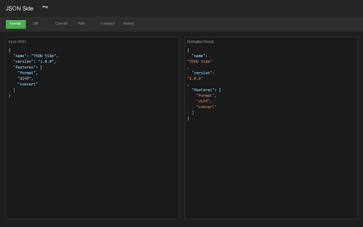 JSON Side - JSON Formatter & Tools :: A dedicated JSON toolkit - Format, compare, convert, and query JSON data. Right-click any JSON text to format instantly.