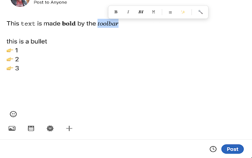 LinkedIn AI Post Formatter :: Enhance your LinkedIn posts with bold, italic, and AI-powered text polishing — from a simple toolbar inside the LinkedIn editor.