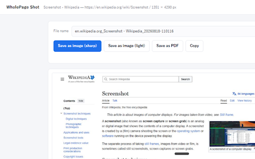 WholePage Shot - Full Page Screenshot to PNG & PDF :: Save the page you are viewing, from top to bottom, as a single image or PDF.
