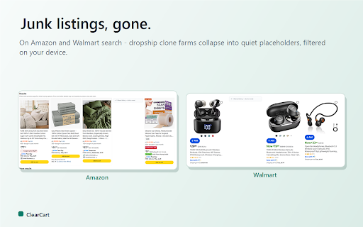 ClearCart: Hide Junk on Amazon & Walmart :: Filters gibberish no-name brands and dropship junk out of Amazon and Walmart search results. 100% local — no data collected.