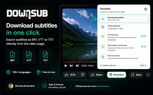 DownSub - Subtitle & Transcript Downloader: YouTube, Netflix, Viki :: Subtitles for YouTube, Viki, iQIYI, Netflix & WeTV: download SRT/VTT/TXT, translate & show on the video. Pro: AI summary.