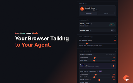 Clawfy :: Your browsing talking to your OpenClaw agent. It sees what you're working on, suggests tools, and saves pages to agent memory.