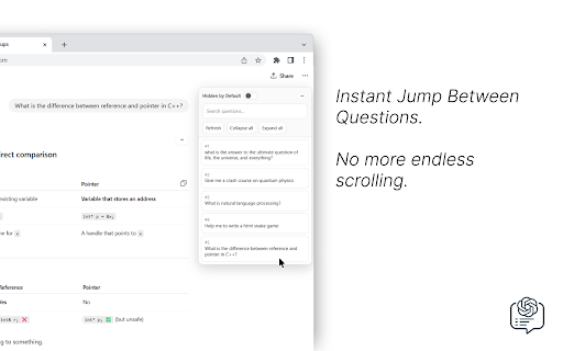 ChatGPT Navigator - Jump Between Questions, Fold Long Answers, Stay Focused :: Jump between questions. Fold long answers. Stay focused.