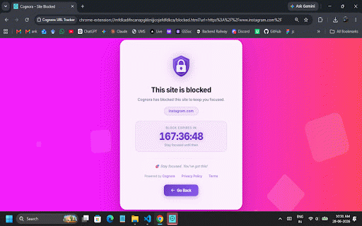 Coggnora :: Tracks your active tab URL and blocks distracting sites — all processed locally by the Coggnora desktop app.