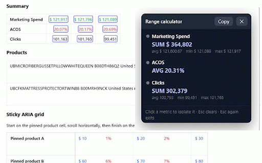 Metric Range Calculator :: Select on-screen numbers and see Sum for currency/plain metrics or Average for percentages.
