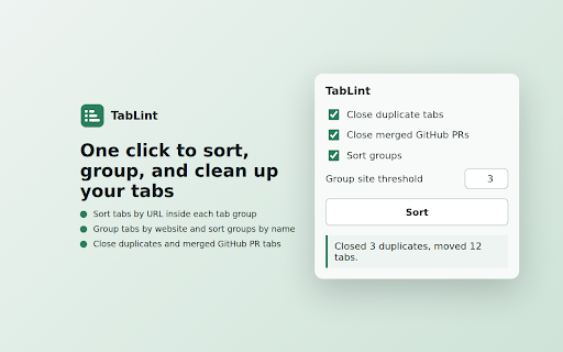 TabLint - Sort & Clean Up Tabs :: Sort tabs by URL, close duplicate tabs, and close merged GitHub PR tabs.