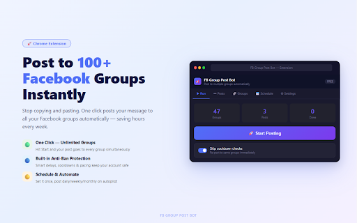 Facebook Groups Post Bot :: Automatically post to multiple Facebook groups. Schedule posts, manage campaigns, track history, and grow your reach with one click.