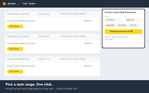 Amazon Invoice Bulk Downloader (EU) :: Download all your Amazon invoices for any date range as one ZIP. Works on all European Amazon marketplaces and the US store.