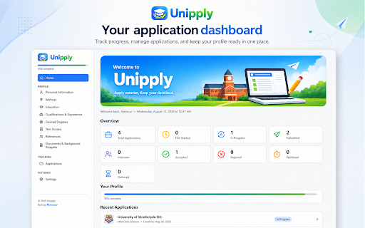 Unipply: Private AI Autofill for University Applications :: AI-powered university application assistant — save your profile once and autofill admission forms with Gemini, right in Chrome.