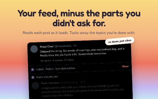 GoodVibes :: Mute topics, not words. Hides politics, rage bait and anything else you pick on X, Reddit, YouTube, LinkedIn and Hacker News.