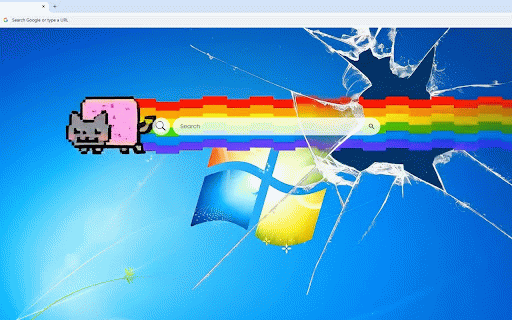 Nyan Cat Live Wallpaper :: Iconic Nyan Cat with rainbow trail flying across cracked blue Windows desktop background.