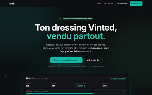 Klork — Publie ton dressing Vinted partout :: Sauvegarde ton dressing Vinted et publie tes annonces en 1 clic sur Leboncoin, Depop, Vestiaire Collective et eBay.