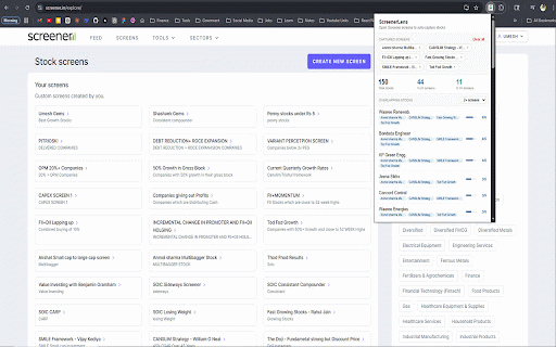 ScreenerLens :: Find stocks common across multiple Screener screens