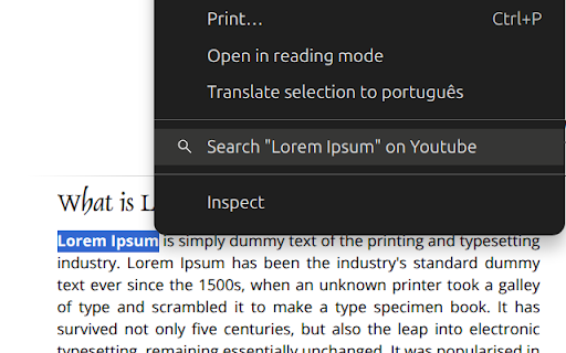 Search on Youtube :: Select text on a webpage and search YouTube with a click. The extension adds an item to the context menu for easier searches.