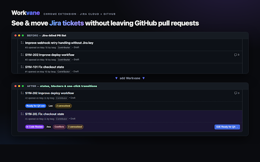 Workvane: Jira + GitHub Wind :: Show Jira Cloud state, workflow actions, and ticket suggestions inside GitHub pull requests.