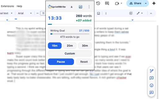 SprintWrite – Writing Sprint Timer for Google Docs :: Completely FREE writing sprint timer with word tracking, statistics, WPM calculation, and multiple themes. All features included.