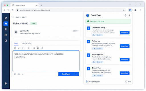 QuickText - Shortcut Text Inserter :: Save reusable text snippets and insert them into supported Chrome pages with keyboard shortcuts.