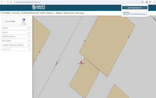 Adres Sorgulama NVI :: adres.nvi.gov.tr/VatandasIslemleri/AdresSorgu üzerinden seçilen kapı numaralarını Google Haritalarda görmenizi sağlar.