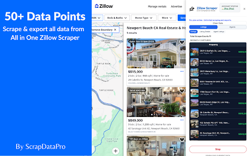 Zillow Scraper: Export Listings, Agents & Reviews to CSV :: Zillow Scraper: Export Listings, Agents & Reviews. One-click Zillow data extraction for real estate leads and property details.