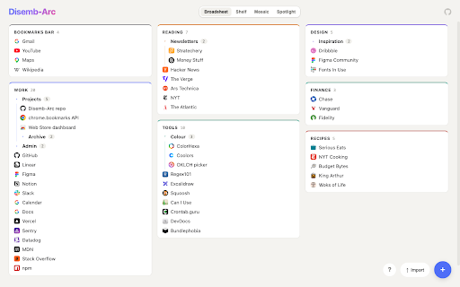 Disemb-Arc :: Turn your Chrome bookmarks bar into a drag-and-drop new tab page, in four switchable layouts