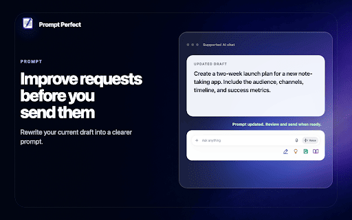 Prompt Perfect :: Refine drafts with Prompt Perfect, an AI prompt optimizer and prompt generator to improve, review, save and reuse text in AI chats.