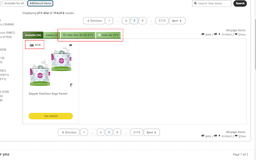 Hide not ETV zero :: Hide items without an ETV of $0.00 or no ETV showing. Only works if you also have the Vine Helper installed and displaying the ETV.