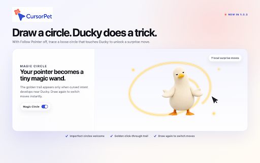 CursorPet — Ducky Cursor Pet :: A playful Chrome cursor pet: Ducky follows, rests, reacts to Magic Circles, and walks along YouTube progress bars.