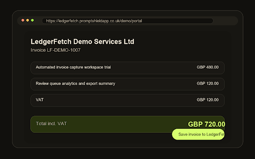 LedgerFetch :: Capture invoices from supported portals, review metadata, and move clean records into accounting workflows.