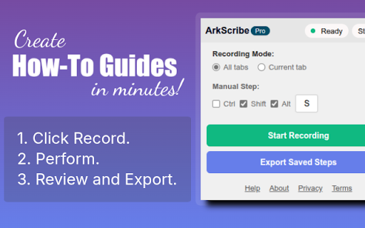 ArkScribe: Intelligent Guides, Manuals, SOPs & 3D Presentations Maker :: Processes to step-by-step guides. Collaborate & publish securely. Export PDF, HTML, Markdown. 3D Video presentations with voice.