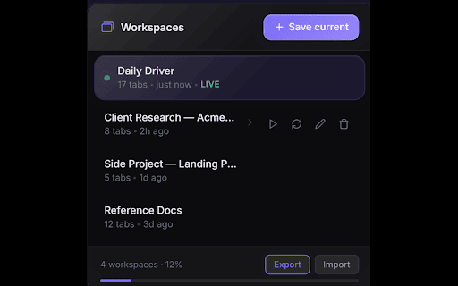 Comet Workspaces :: Save and restore browser workspaces with tabs, pinned state, and tab groups. Edge Workspaces-style for Comet.