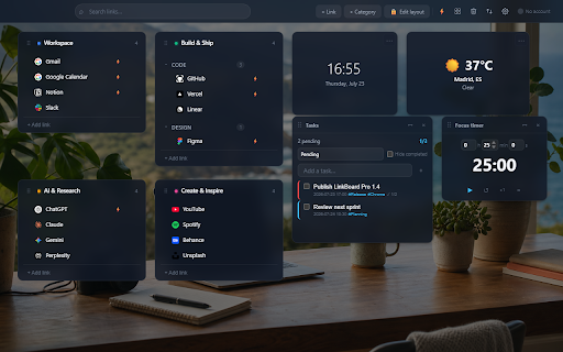 LinkBoard Pro - Bookmark Dashboard & New Tab :: Visual bookmark dashboard with categories, sync, quick access, customizable layouts, and interactive new-tab widgets.