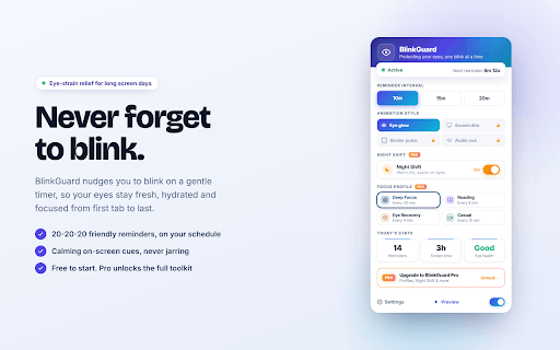 BlinkGuard · Blink Reminder & Eye Strain Relief for Screens :: Gentle blink reminders that fight eye strain, dry eyes & screen fatigue. Free 20/20/20 eye care timer. No account, nothing tracked.