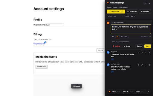 nitz :: Pin DOM-anchored feedback, export a token-lean brief for coding agents, dispatch with a signed KYA-OS delegation.