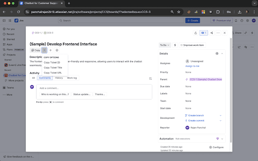 Jira Copy Helper :: A convenient Copy button to Jira issue pages with dropdown options for copying ticket ID, title, URL, or formatted links.