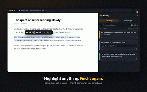 Markly — Highlight & Save Any Page :: Highlight text on any page. Your marks come back when you return, and one panel keeps everything you've ever marked.