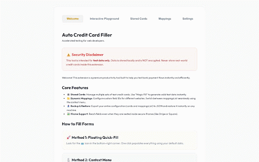 Auto Credit Card Filler :: Premium autofill tool for web developers. Supports multiple cards and custom project-based field mappings.