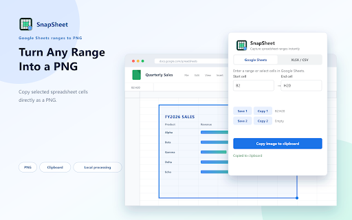 SnapSheet - Spreadsheet Screenshot Tool :: Copy ranges as images from Google Sheets (Sheets site only), XLSX, or CSV.