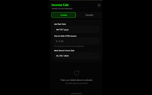 Autolytiq Income Calculator :: Calculate your projected annual income from YTD earnings. Includes vehicle payment calculator with tax, fees, and trade-in.