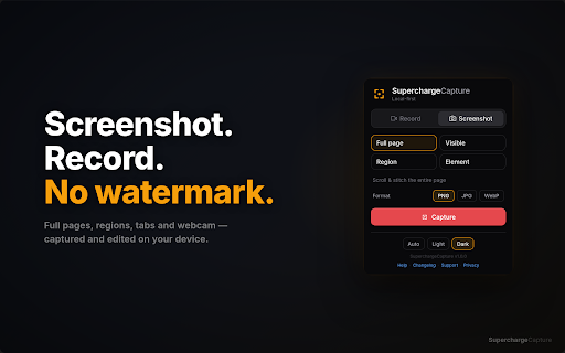 Full Page Screenshot & Screen Recorder – No Watermark by SuperchargeBrowser :: Full-page screenshots & screen recorder with annotation. Record tab + webcam, export GIF/MP4. No account, no watermark, no limits.
