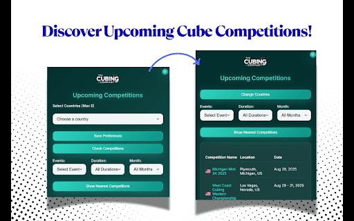 WCA Competitions Tracker :: Shows upcoming WCA competitions by country and finds the closest competitions near you.