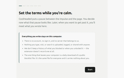 CoolHeaded :: A pause between the impulse and the page. You set the terms while calm; they hold when you aren't.