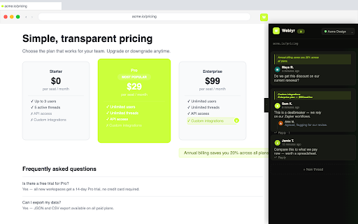Weblyr :: Highlight text on any webpage and leave threaded comments your team sees instantly. No screenshots, no Slack.