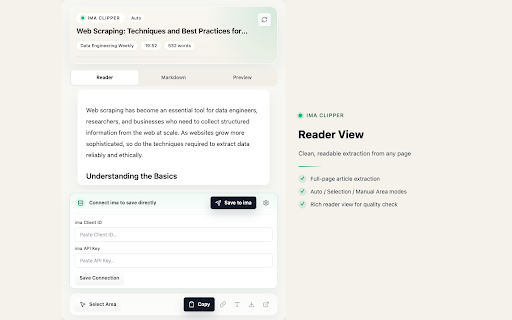 Web Clipper for ima :: Extract web pages into clean Markdown for ima knowledge capture.