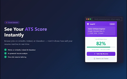 IronCV — Resume Copilot :: Check your ATS score, tailor your resume, and save jobs from LinkedIn, Indeed, and Glassdoor — all in one click.